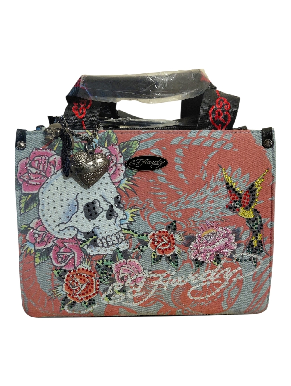 Ed Hardy Skull & Roses Rhinestone Tote Bag